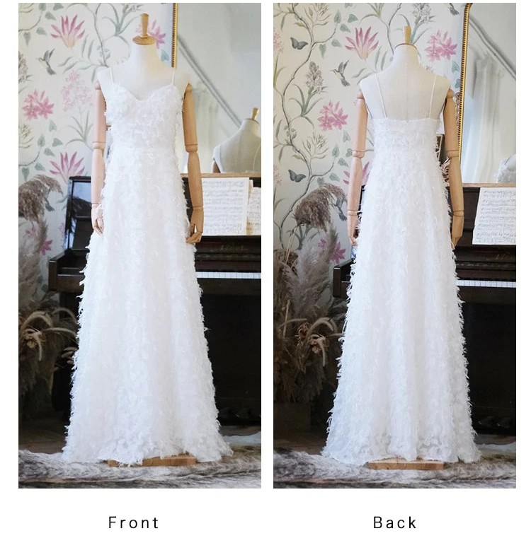 二次会前撮り白ワンピースドレス　ウェディングドレススレンダーホワイト白花嫁花嫁ドレスエンパイアドレス披露宴フォトウエディングロングドレスフェザーモチーフ大人大きいサイズ