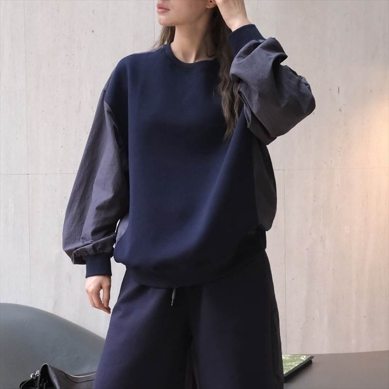 トップス レディース カットソー プルオーバー ワイド 個性的 春 秋 冬 長袖 ボリューム袖 ラウンドネック 切り替えデザイン ネイビー オフホワイト 無地 フリーサイズ 異素材MIX オフィス 学