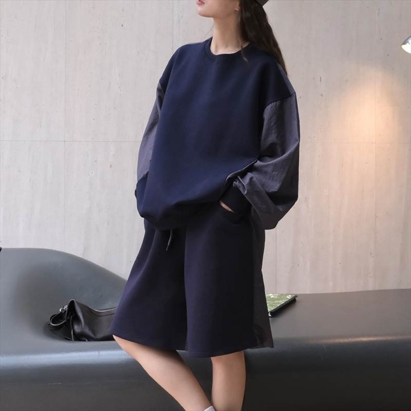 トップス レディース カットソー プルオーバー ワイド 個性的 春 秋 冬 長袖 ボリューム袖 ラウンドネック 切り替えデザイン ネイビー オフホワイト 無地 フリーサイズ 異素材MIX オフィス 学