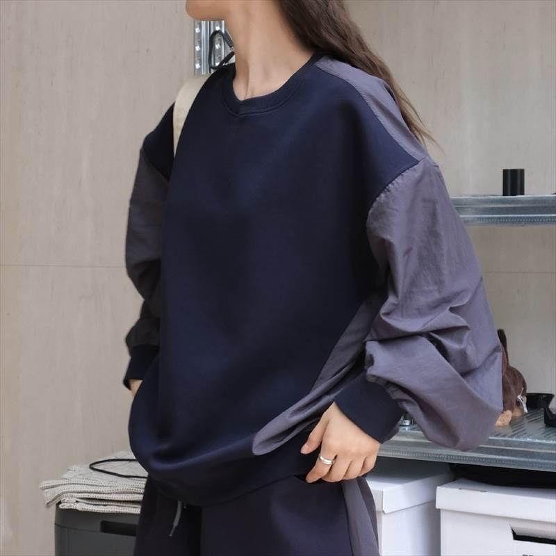 トップス レディース カットソー プルオーバー ワイド 個性的 春 秋 冬 長袖 ボリューム袖 ラウンドネック 切り替えデザイン ネイビー オフホワイト 無地 フリーサイズ 異素材MIX オフィス 学
