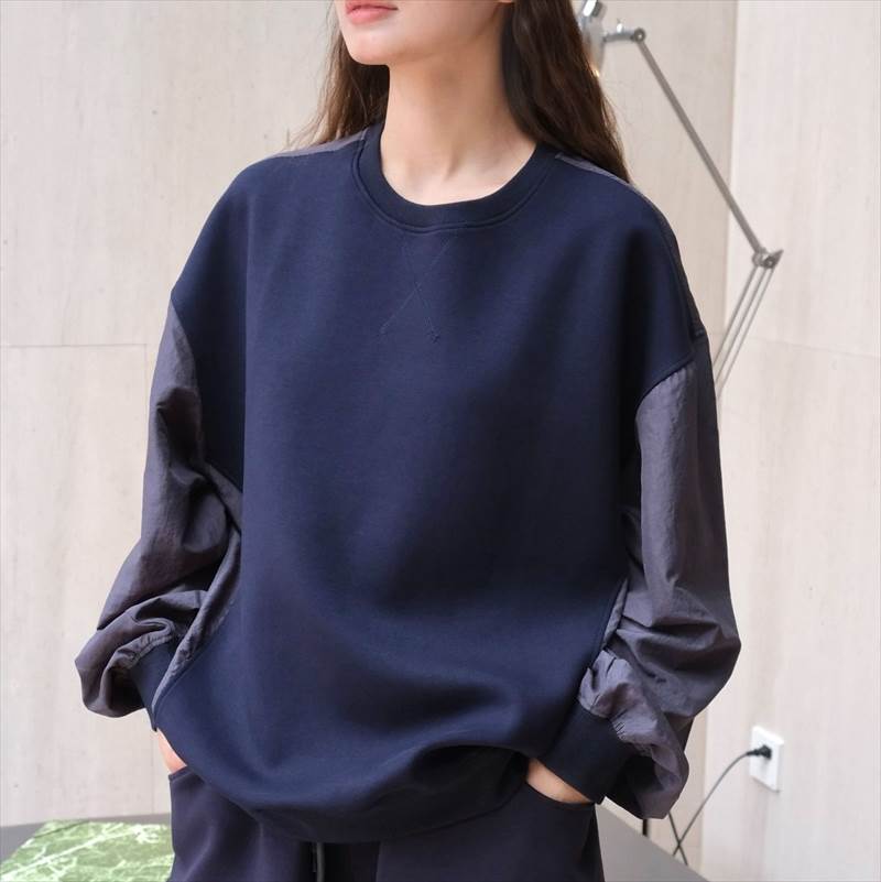 トップス レディース カットソー プルオーバー ワイド 個性的 春 秋 冬 長袖 ボリューム袖 ラウンドネック 切り替えデザイン ネイビー オフホワイト 無地 フリーサイズ 異素材MIX オフィス 学