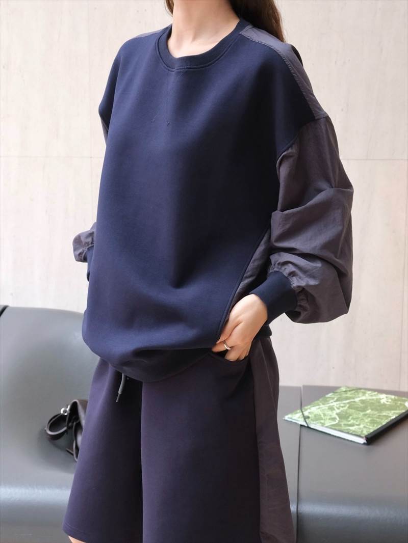 トップス レディース カットソー プルオーバー ワイド 個性的 春 秋 冬 長袖 ボリューム袖 ラウンドネック 切り替えデザイン ネイビー オフホワイト 無地 フリーサイズ 異素材MIX オフィス 学