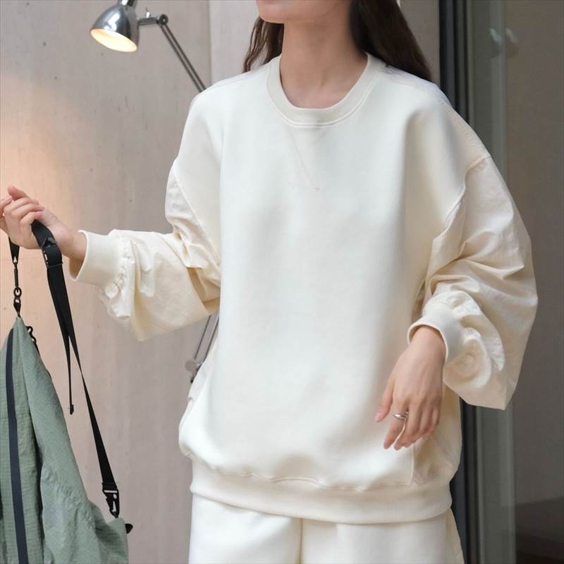 トップス レディース カットソー プルオーバー ワイド 個性的 春 秋 冬 長袖 ボリューム袖 ラウンドネック 切り替えデザイン ネイビー オフホワイト 無地 フリーサイズ 異素材MIX オフィス 学