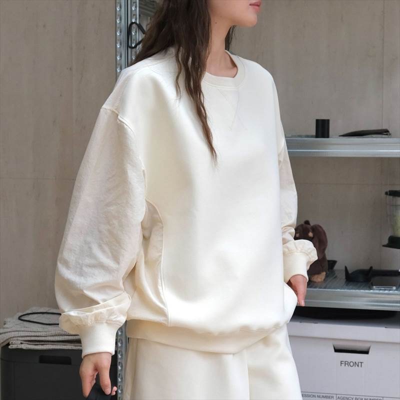 トップス レディース カットソー プルオーバー ワイド 個性的 春 秋 冬 長袖 ボリューム袖 ラウンドネック 切り替えデザイン ネイビー オフホワイト 無地 フリーサイズ 異素材MIX オフィス 学