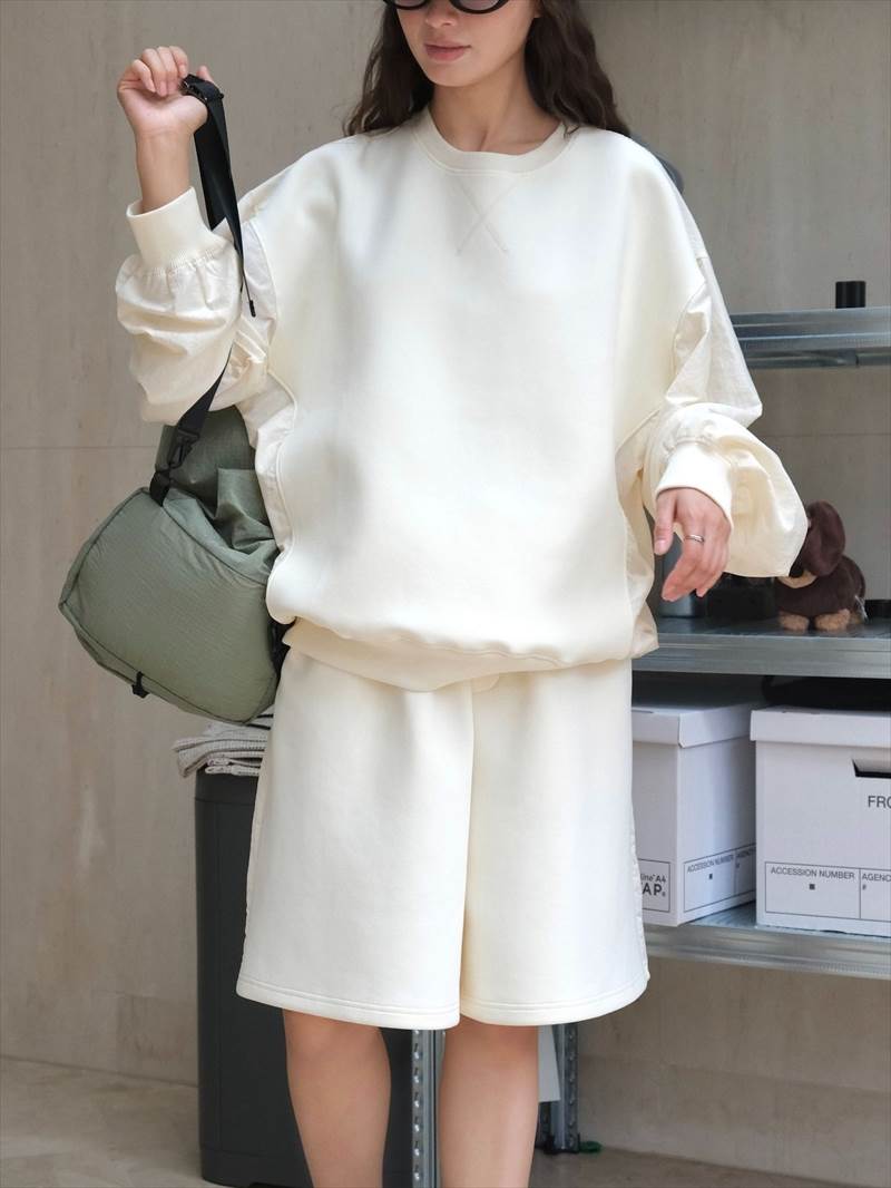 トップス レディース カットソー プルオーバー ワイド 個性的 春 秋 冬 長袖 ボリューム袖 ラウンドネック 切り替えデザイン ネイビー オフホワイト 無地 フリーサイズ 異素材MIX オフィス 学