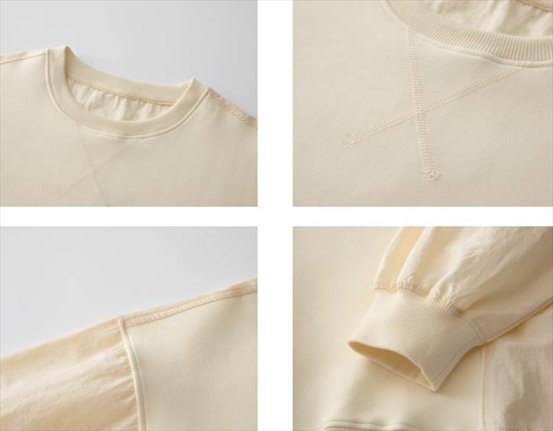 トップス レディース カットソー プルオーバー ワイド 個性的 春 秋 冬 長袖 ボリューム袖 ラウンドネック 切り替えデザイン ネイビー オフホワイト 無地 フリーサイズ 異素材MIX オフィス 学