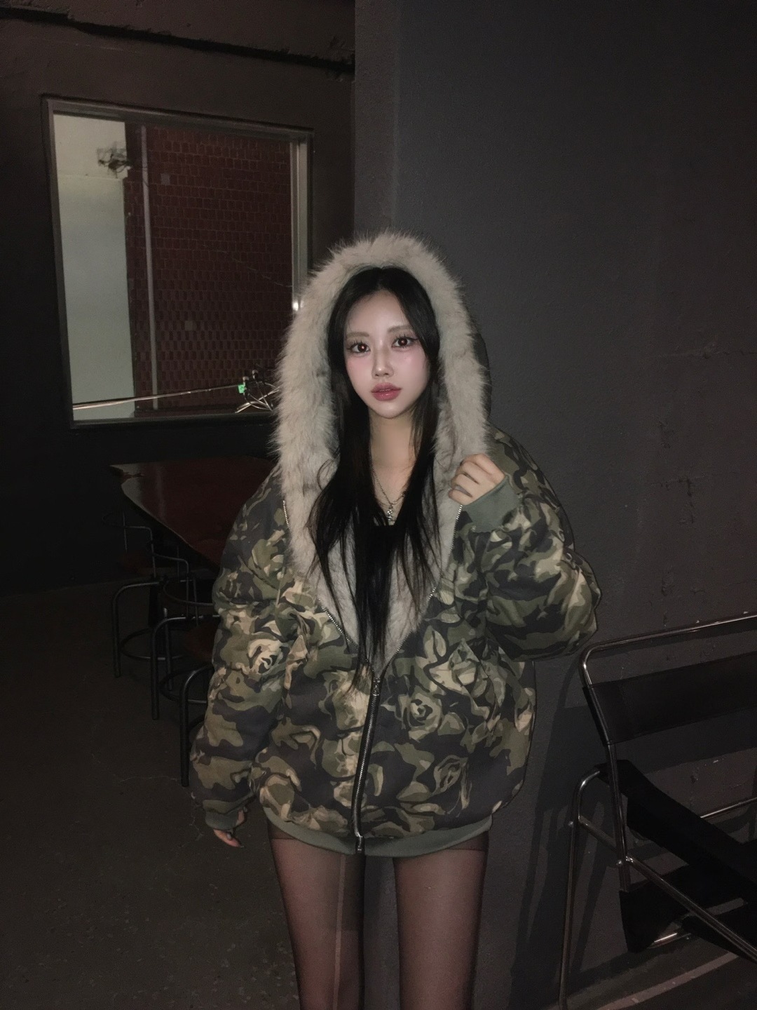 [高品 質][y2k/フィットミーチム/ハイクオリティ] 1147. カモ ファー キルティング ダウン フード ダウン キルティングダウン オーバーフィット ルーズ y2k デイリー 冬 アウター