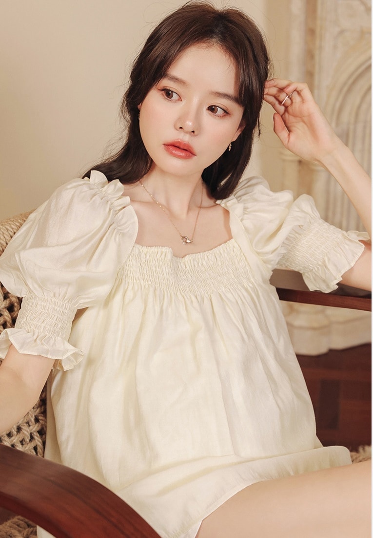 マタニティ トップス スクエアネック シャーリング パフスリーブ 半袖