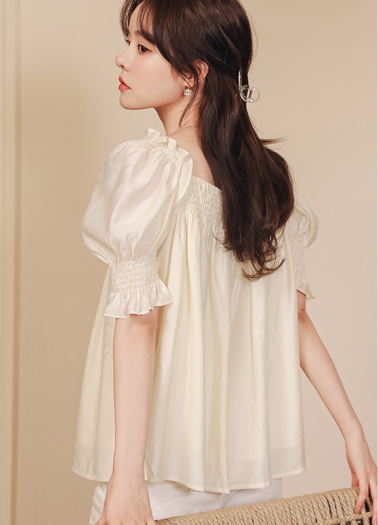 マタニティ トップス スクエアネック シャーリング パフスリーブ 半袖