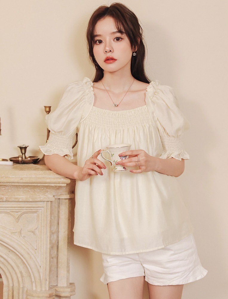 マタニティ トップス スクエアネック シャーリング パフスリーブ 半袖