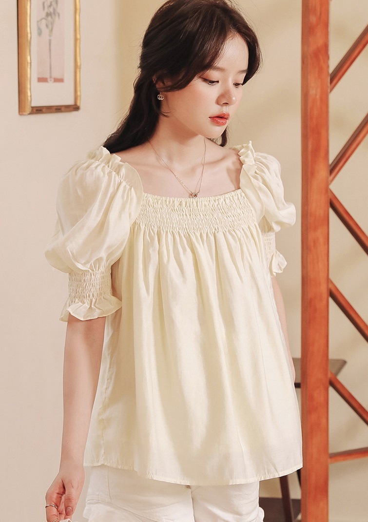 マタニティ トップス スクエアネック シャーリング パフスリーブ 半袖