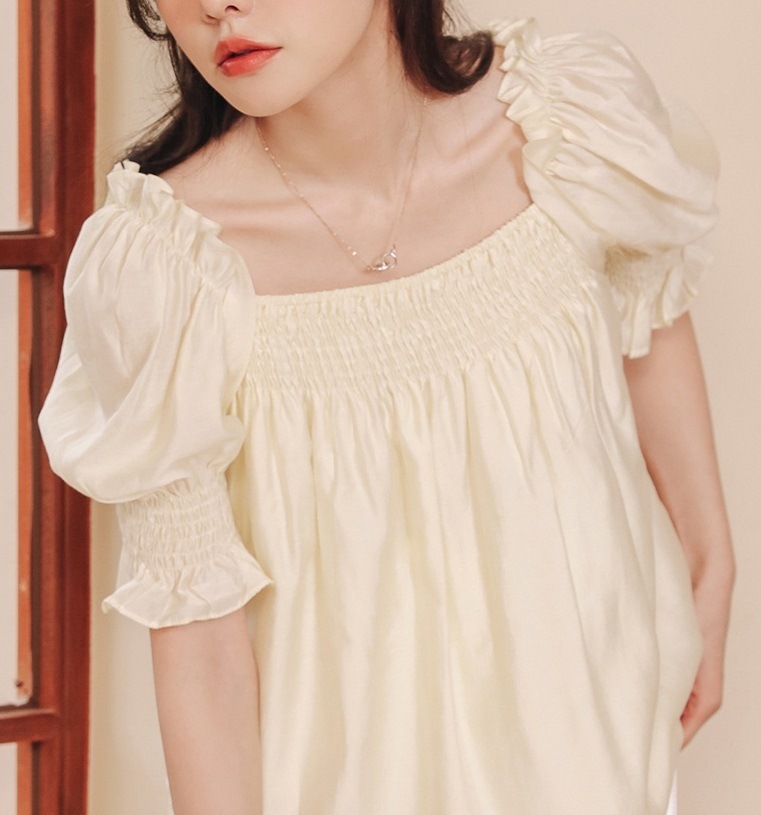 マタニティ トップス スクエアネック シャーリング パフスリーブ 半袖