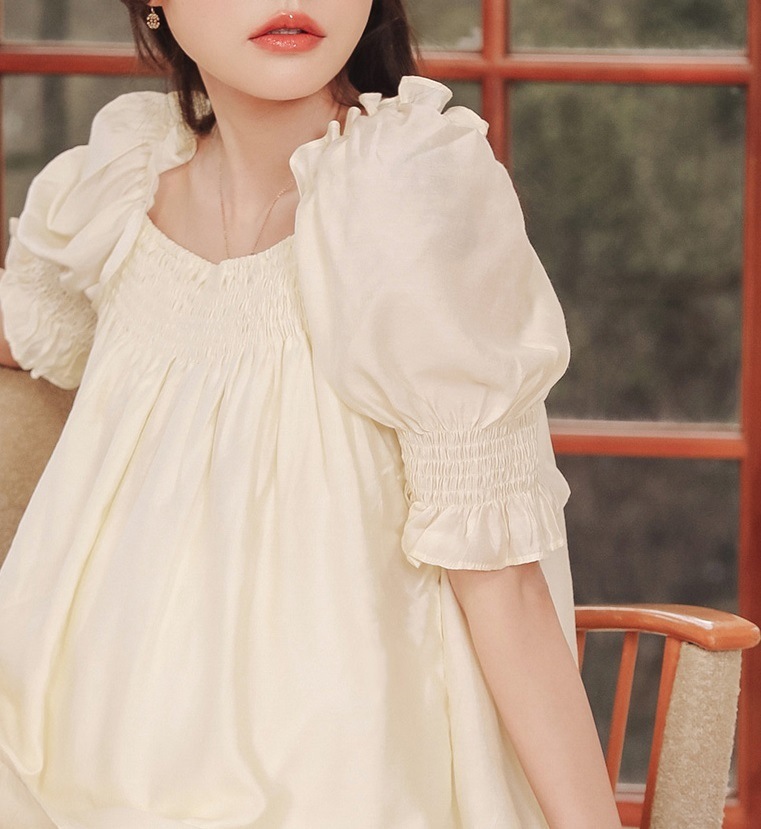 マタニティ トップス スクエアネック シャーリング パフスリーブ 半袖