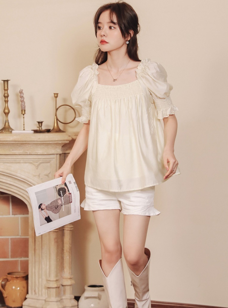 マタニティ トップス スクエアネック シャーリング パフスリーブ 半袖