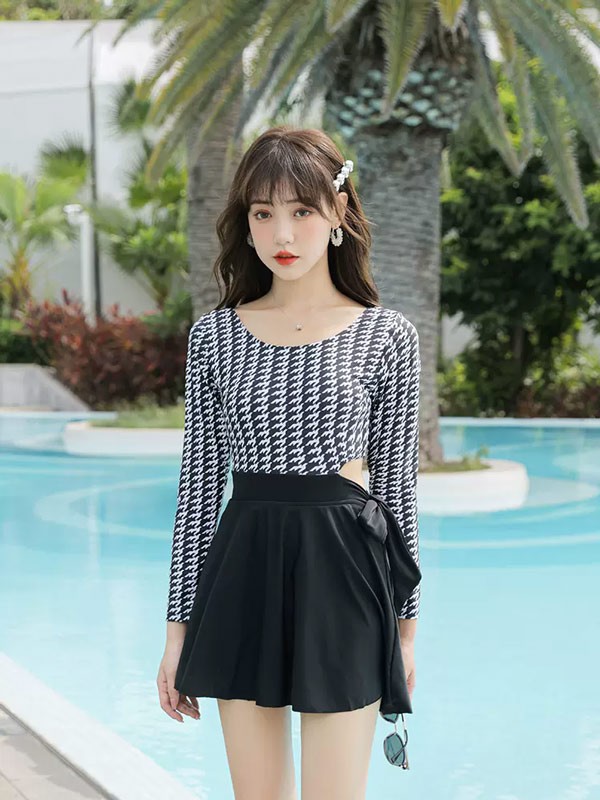 ワンピース水着 水着 2点セット 長袖 リボン ワイヤーなし パッド付 レディース 着瘦せ シンプル セクシー 写真映え 撮影用 海 夏 サマー プール リゾート かわいい 旅行 温泉 大人 女性用