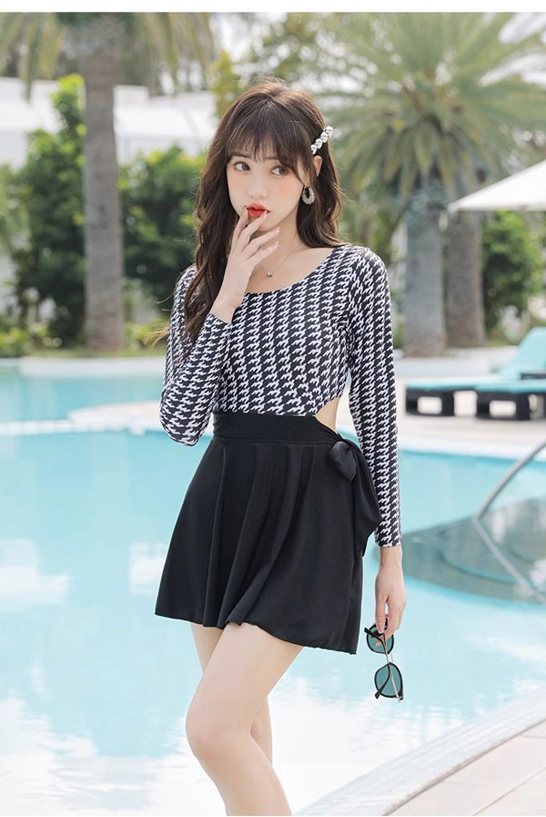 ワンピース水着 水着 2点セット 長袖 リボン ワイヤーなし パッド付 レディース 着瘦せ シンプル セクシー 写真映え 撮影用 海 夏 サマー プール リゾート かわいい 旅行 温泉 大人 女性用