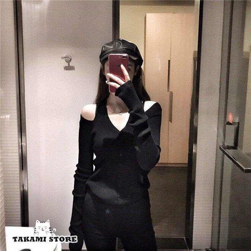 レディース トップス ニット 黒 白 Vネック リブニット 肩出し フロントボタン 長袖 無地 シンプル 細見え 秋 レディース トップス ニット 黒 白 Vネック リブニット 肩出し フロントボタン 長袖 無地 シンプル 細見え 秋