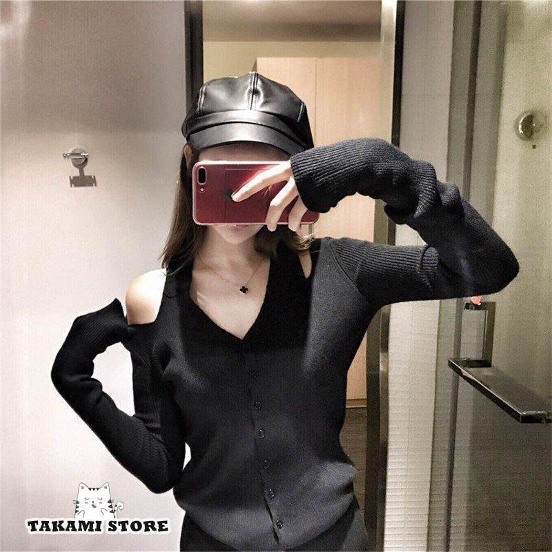 レディース トップス ニット 黒 白 Vネック リブニット 肩出し フロントボタン 長袖 無地 シンプル 細見え 秋 レディース トップス ニット 黒 白 Vネック リブニット 肩出し フロントボタン 長袖 無地 シンプル 細見え 秋