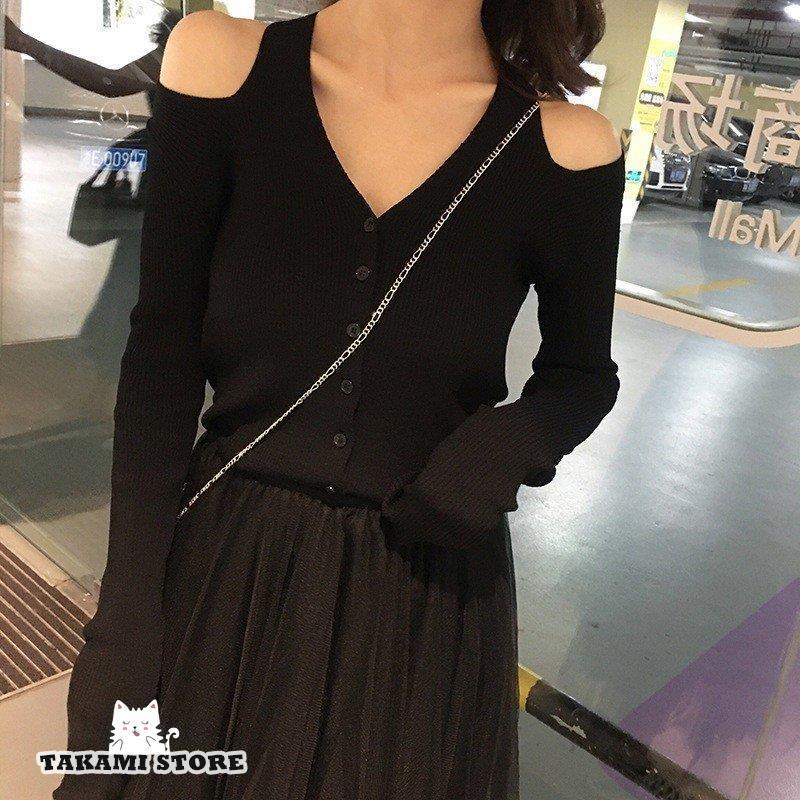 レディース トップス ニット 黒 白 Vネック リブニット 肩出し フロントボタン 長袖 無地 シンプル 細見え 秋 レディース トップス ニット 黒 白 Vネック リブニット 肩出し フロントボタン 長袖 無地 シンプル 細見え 秋