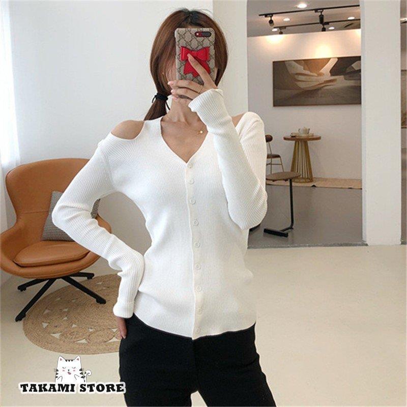 レディース トップス ニット 黒 白 Vネック リブニット 肩出し フロントボタン 長袖 無地 シンプル 細見え 秋 レディース トップス ニット 黒 白 Vネック リブニット 肩出し フロントボタン 長袖 無地 シンプル 細見え 秋