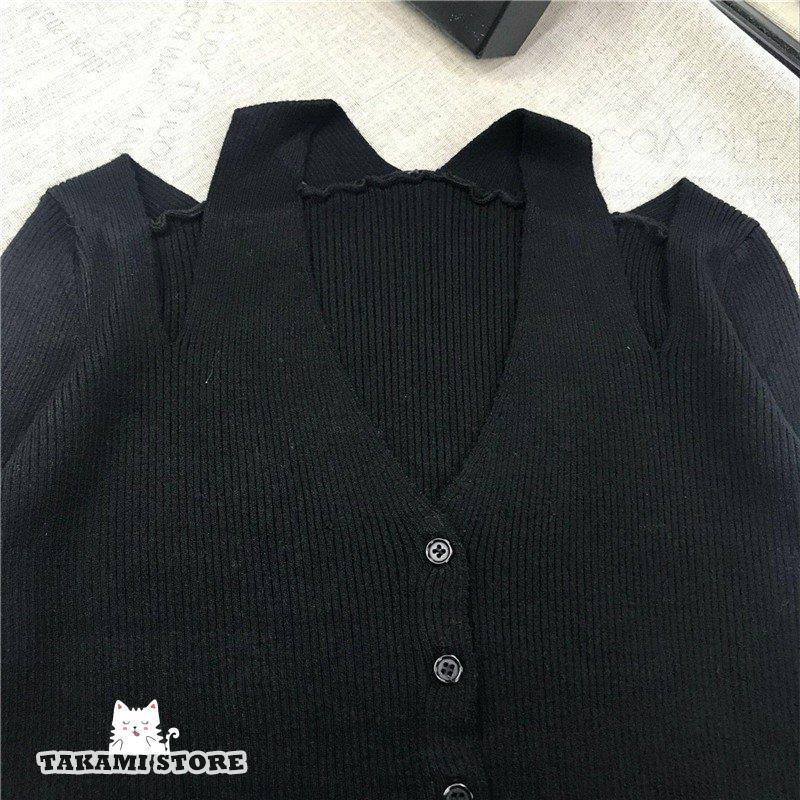 レディース トップス ニット 黒 白 Vネック リブニット 肩出し フロントボタン 長袖 無地 シンプル 細見え 秋 レディース トップス ニット 黒 白 Vネック リブニット 肩出し フロントボタン 長袖 無地 シンプル 細見え 秋