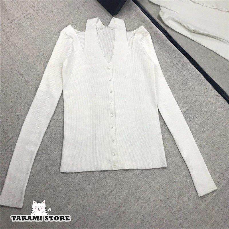 レディース トップス ニット 黒 白 Vネック リブニット 肩出し フロントボタン 長袖 無地 シンプル 細見え 秋 レディース トップス ニット 黒 白 Vネック リブニット 肩出し フロントボタン 長袖 無地 シンプル 細見え 秋