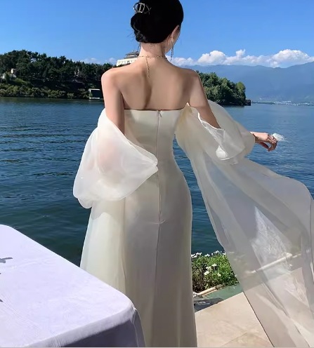 レディース ドレス イブニングドレス ウエディングドレス ウェディング パーティー 結婚式 二次会 ロング マキシ 袖なし ノースリーブ オフショル プリンセスライン スリム 細身 ハイウエスト