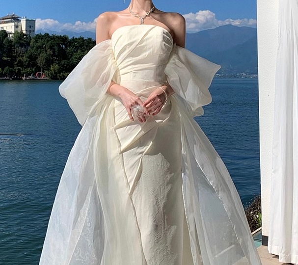 レディース ドレス イブニングドレス ウエディングドレス ウェディング パーティー 結婚式 二次会 ロング マキシ 袖なし ノースリーブ オフショル プリンセスライン スリム 細身 ハイウエスト