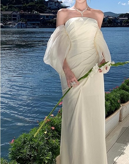 レディース ドレス イブニングドレス ウエディングドレス ウェディング パーティー 結婚式 二次会 ロング マキシ 袖なし ノースリーブ オフショル プリンセスライン スリム 細身 ハイウエスト