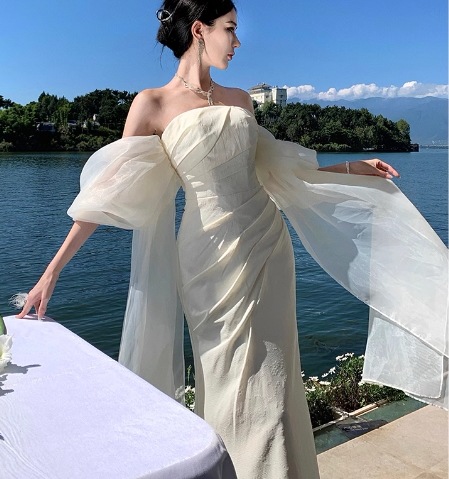 レディース ドレス イブニングドレス ウエディングドレス ウェディング パーティー 結婚式 二次会 ロング マキシ 袖なし ノースリーブ オフショル プリンセスライン スリム 細身 ハイウエスト