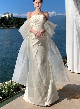 レディース ドレス イブニングドレス ウエディングドレス ウェディング パーティー 結婚式 二次会 ロング マキシ 袖なし ノースリーブ オフショル プリンセスライン スリム 細身 ハイウエスト