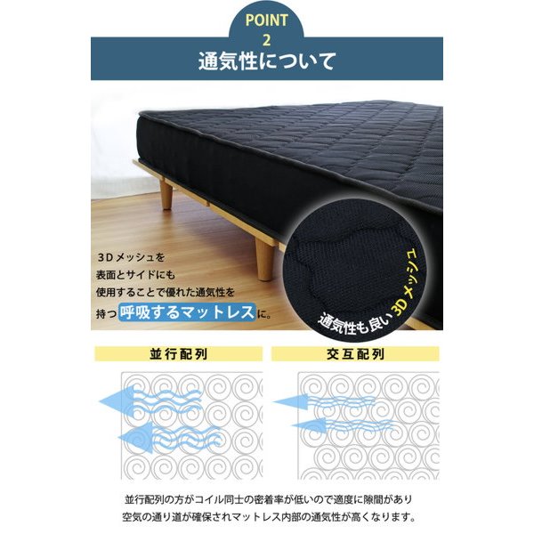 ポケットコイルマットレス セミダブル サイズ ブラック 高耐久3Dメッシュ 圧縮ロール梱包