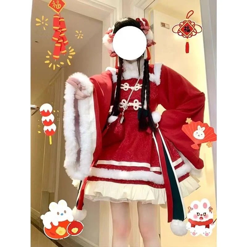 【ヘアバッグ＋リボン】スパークリングウォーターピーチレッドダーク柄ニューイヤーシャツチャイナ風ロリータロリータ
