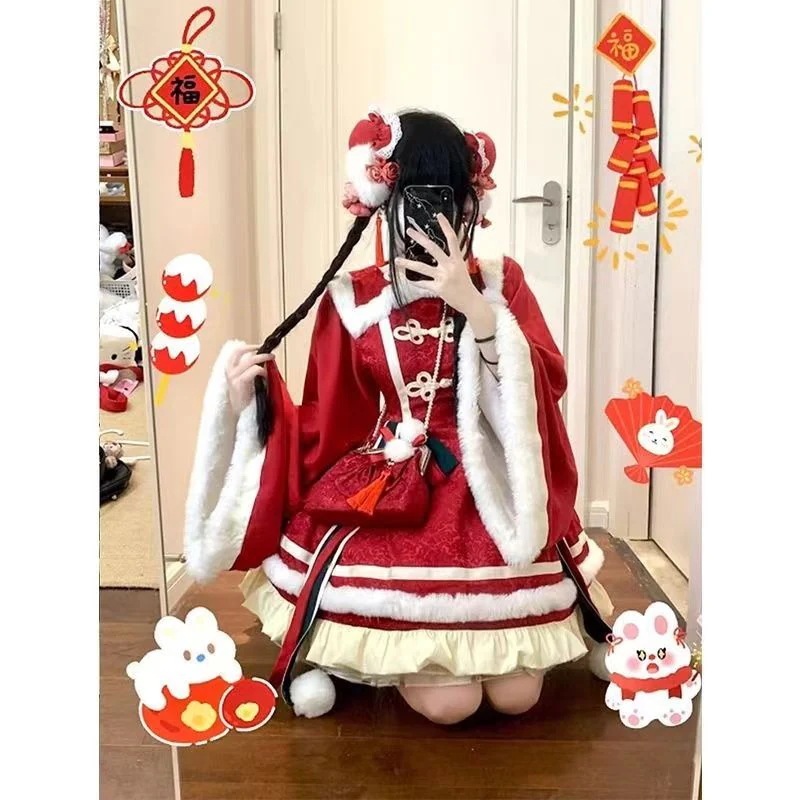 【ヘアバッグ＋リボン】スパークリングウォーターピーチレッドダーク柄ニューイヤーシャツチャイナ風ロリータロリータ