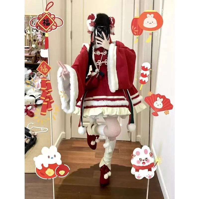 【ヘアバッグ＋リボン】スパークリングウォーターピーチレッドダーク柄ニューイヤーシャツチャイナ風ロリータロリータ