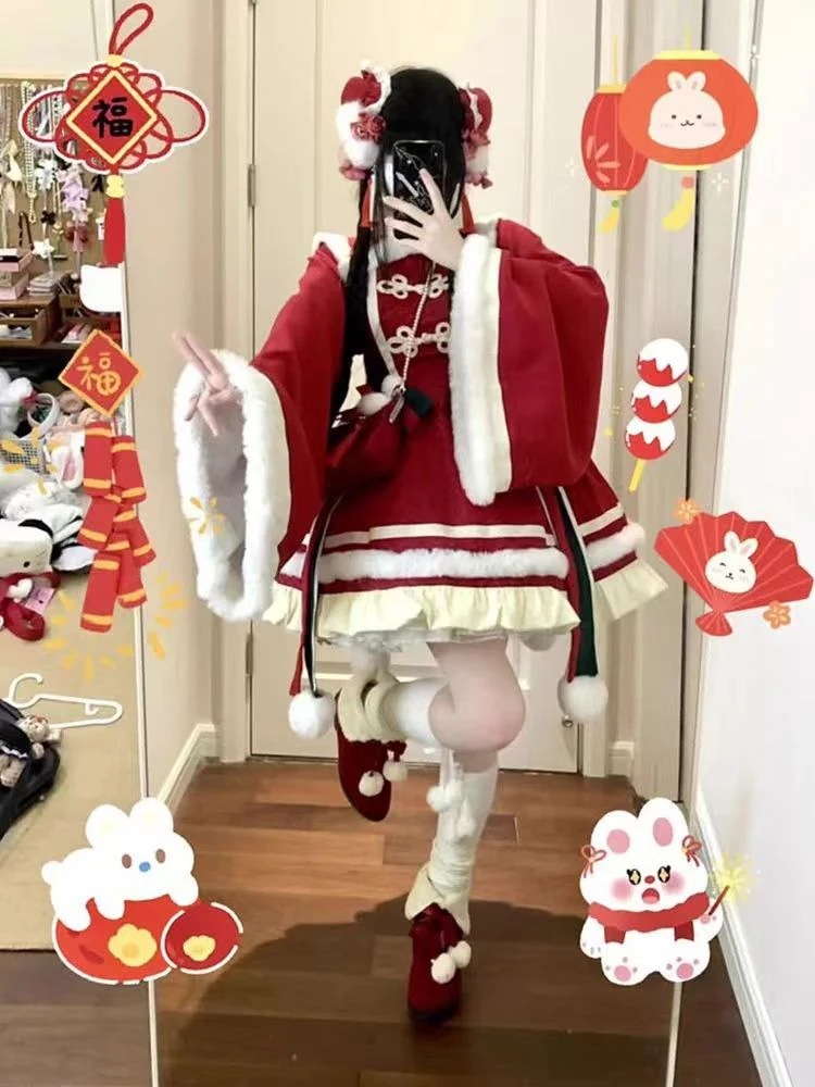 【ヘアバッグ＋リボン】スパークリングウォーターピーチレッドダーク柄ニューイヤーシャツチャイナ風ロリータロリータ