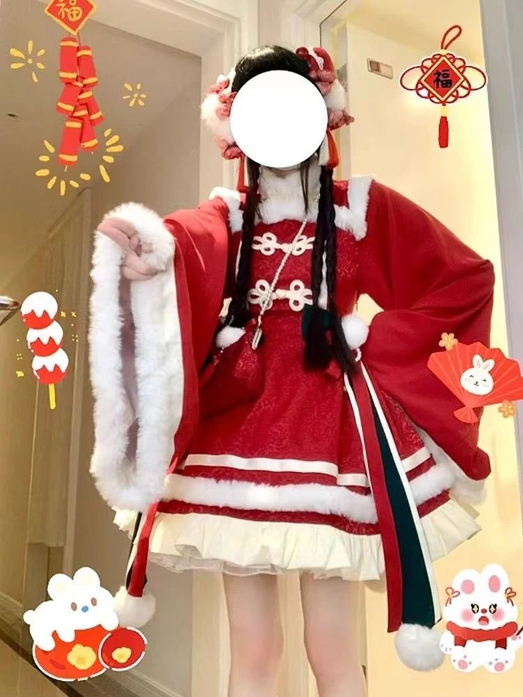 【ヘアバッグ＋リボン】スパークリングウォーターピーチレッドダーク柄ニューイヤーシャツチャイナ風ロリータロリータ