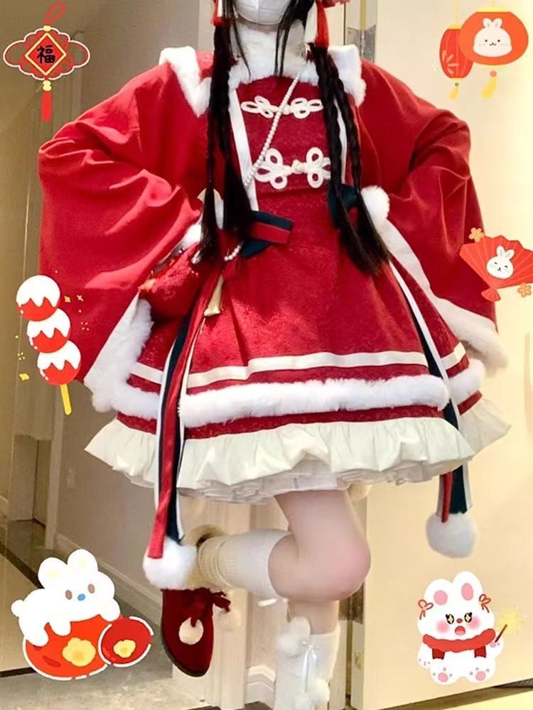 【ヘアバッグ＋リボン】スパークリングウォーターピーチレッドダーク柄ニューイヤーシャツチャイナ風ロリータロリータ
