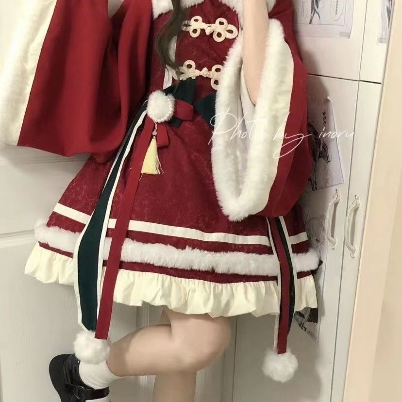 【ヘアバッグ＋リボン】スパークリングウォーターピーチレッドダーク柄ニューイヤーシャツチャイナ風ロリータロリータ