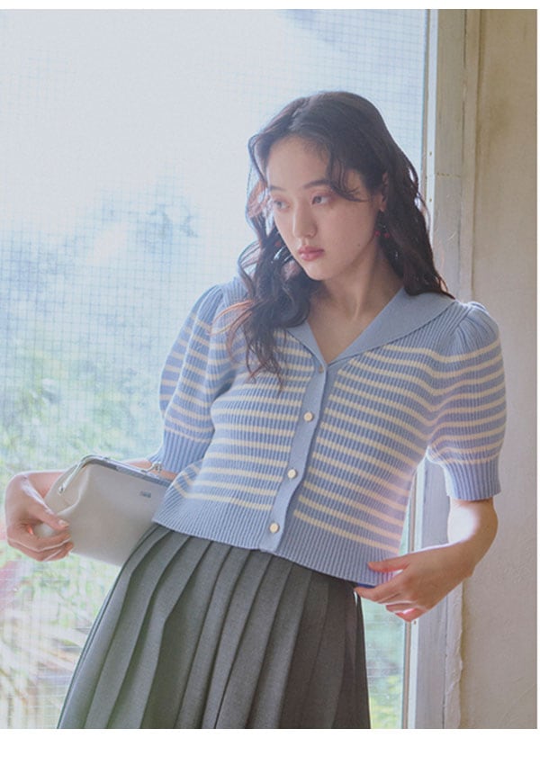 【即納】 ファーファー FURFUR トップス 25春夏 セーラーカラーニットトップス 半袖 クロップド丈 ボーダー rwnt251121