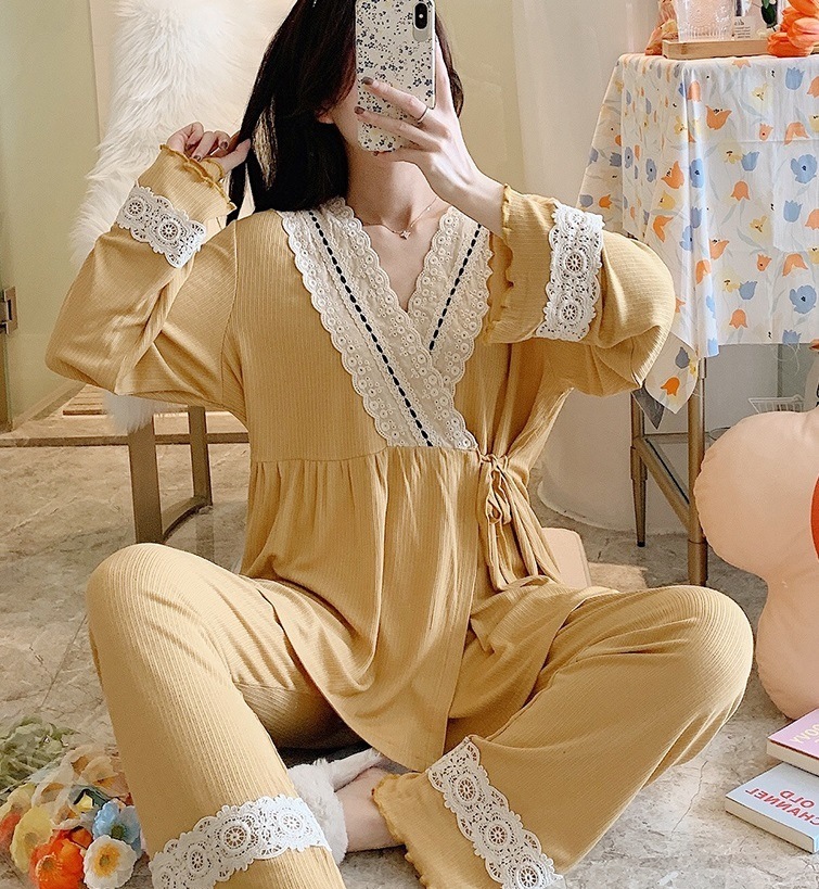 【日本未発売/送料無料】マタニティ パジャマ カシュクール サイドリボン レース フリル