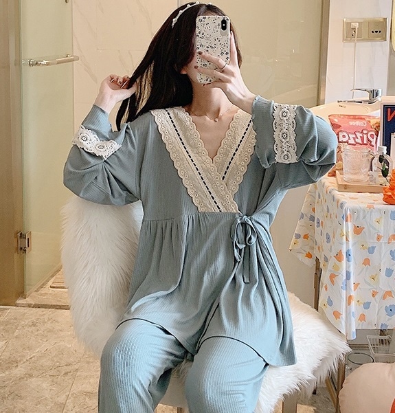 【日本未発売/送料無料】マタニティ パジャマ カシュクール サイドリボン レース フリル