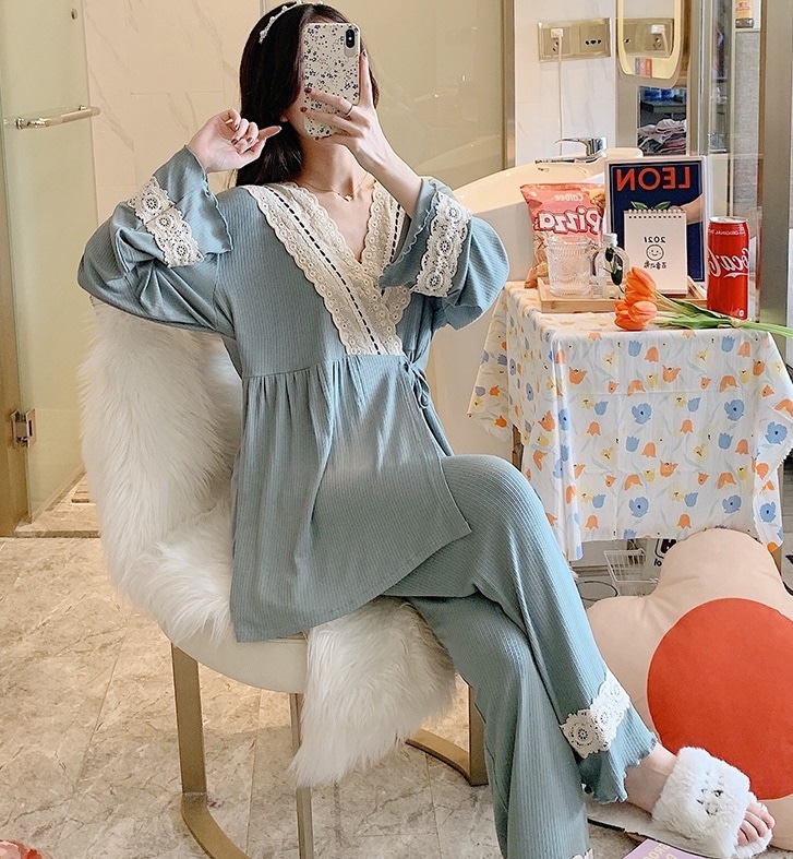 【日本未発売/送料無料】マタニティ パジャマ カシュクール サイドリボン レース フリル