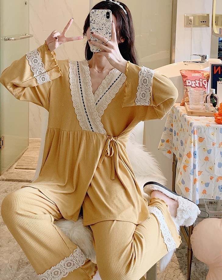 【日本未発売/送料無料】マタニティ パジャマ カシュクール サイドリボン レース フリル