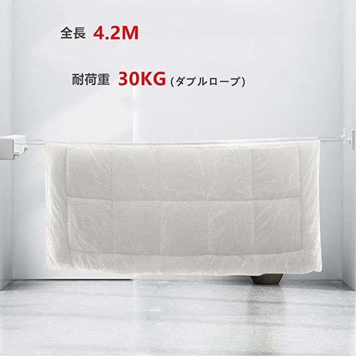 室内物干し 耐荷重30kg 壁掛け 物干しワイヤー ダブルロープ 全長4.2M 自由伸縮可能 スローリカバリー 隠し物干し用ロープ(ブラック, ダブルワイヤー （耐荷重30KG ）)