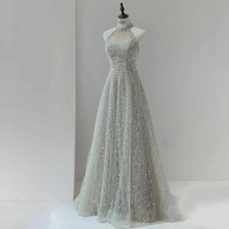 カラードレス ロングドレス パーティードレス グレー ハイネック ビーズ ウェディングドレス ウエディングドレス 結婚式 二次会 花嫁 前撮り 演奏会 発表会 カクテルドレス ブライダル フォーマルド