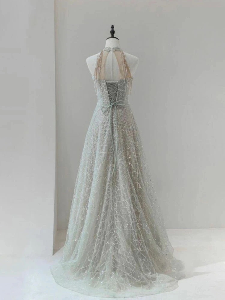 カラードレス ロングドレス パーティードレス グレー ハイネック ビーズ ウェディングドレス ウエディングドレス 結婚式 二次会 花嫁 前撮り 演奏会 発表会 カクテルドレス ブライダル フォーマルド