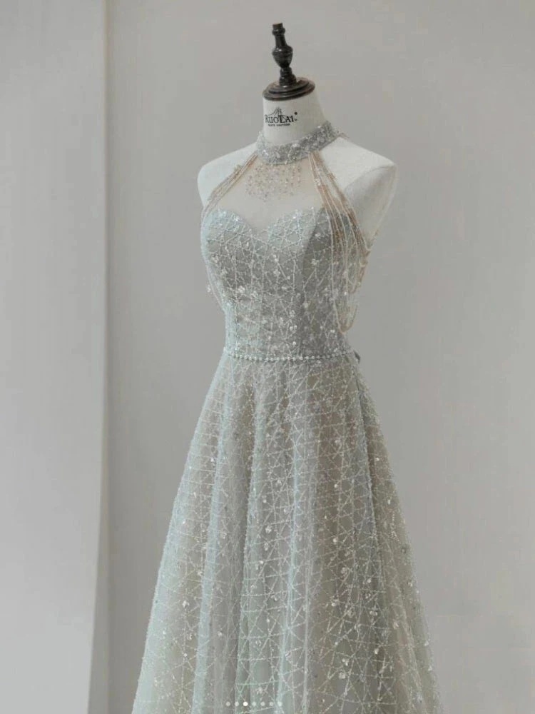 カラードレス ロングドレス パーティードレス グレー ハイネック ビーズ ウェディングドレス ウエディングドレス 結婚式 二次会 花嫁 前撮り 演奏会 発表会 カクテルドレス ブライダル フォーマルド