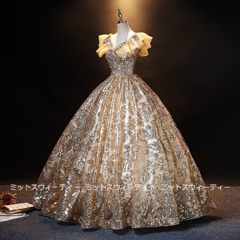 カラードレス 演奏会 ゴールド 結婚式 花嫁 ロングドレス 披露宴