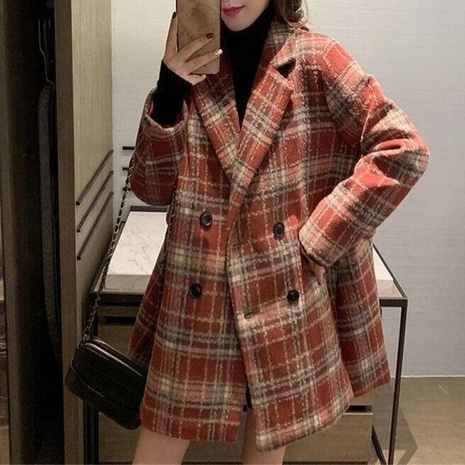 レディース 上着 コート アウター 美シルエット チェスターコート ミドル丈 ラペルネック チェック柄 インスタ映え 可愛い かわいい 韓国 かっこいい カジュアル 大人 上品 シンプル lout04